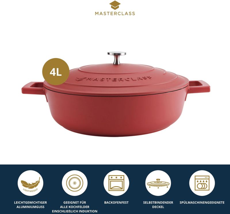 Braadpan, 28cm Laag - 2,5 L - Rood - Lichtgewicht - Levenslange garantie - Geschikt voor inductie - MasterClass