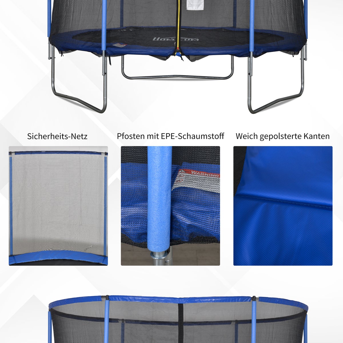 HOMCOM Trampoline met veiligheidsnet, tuintrampoline voor binnen en buiten, fitnesstrampoline voor kinderen en volwassenen, staal, blauw+zwart, tot 113,6 kg, Ø305 x 248H cm