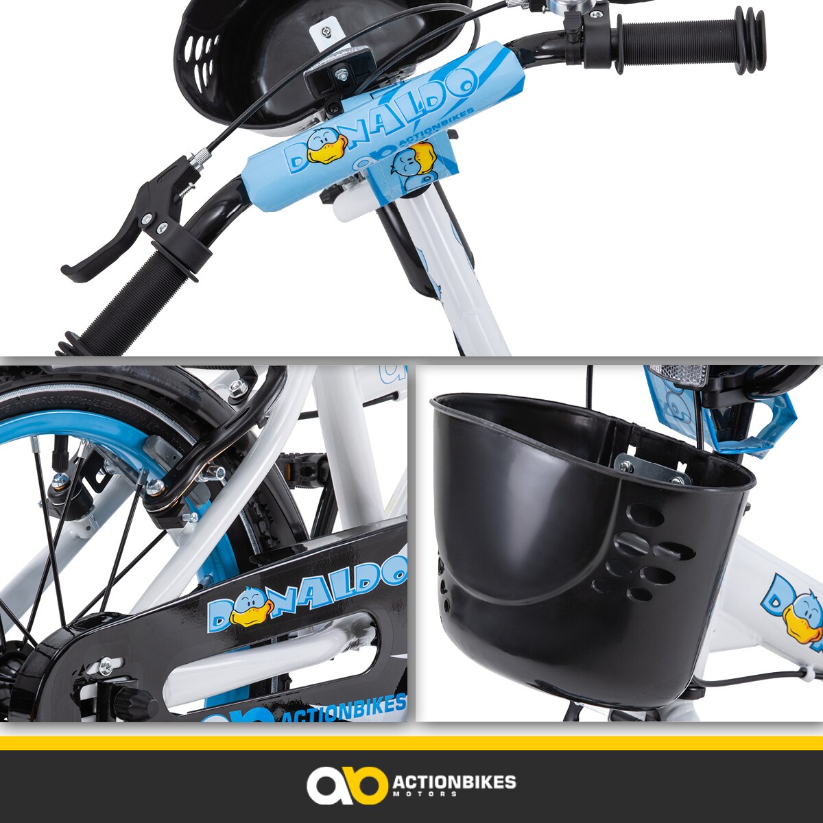 Actionbikes Kinderfahrrad Donaldo 16 Zoll, V-Brake-Bremsen, höhenverstellbar, Stützräder, Korb