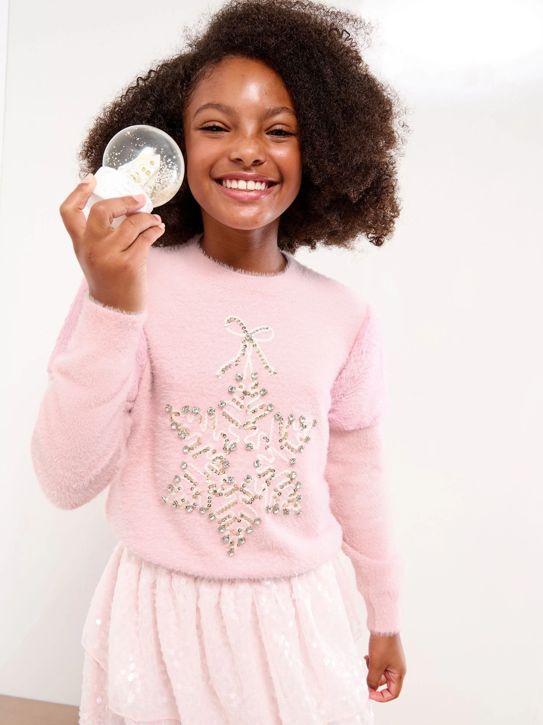 Roze met sneeuwvlokprint - Lipsy - Kersttrui met ronde hals (5-16jaar)