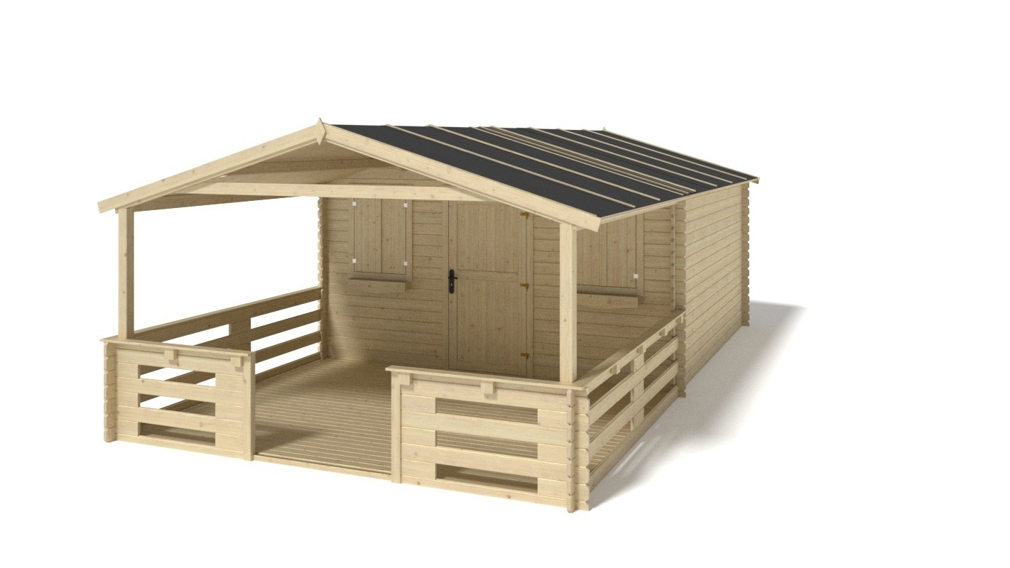 Abri de jardin en bois - 4x3 m - 24 m2 + terrasse avec balustrade et avant-toit en bois