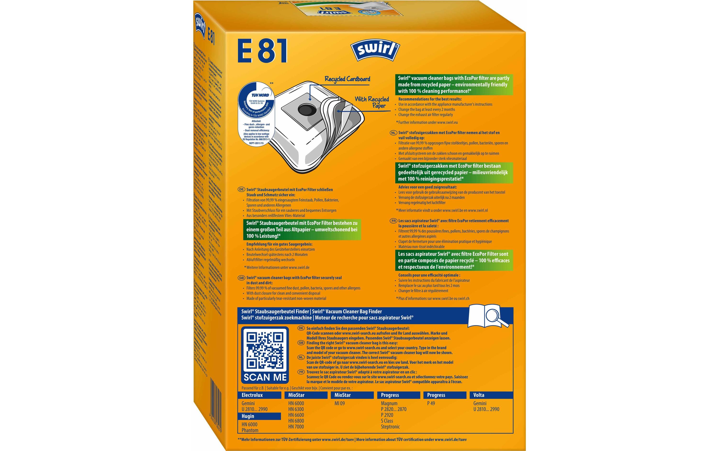 Staubfilterbeutel E 81 EcoPor 4 StückErsatz-Staubbeutel für bestimmte Staubsaugermodelle von Electrolux, Progress und Volta