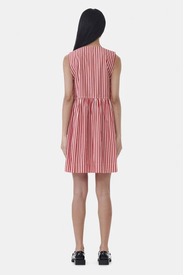 Ganni Stripe Cotton Mini Bow Tie Dress Barbados cherry