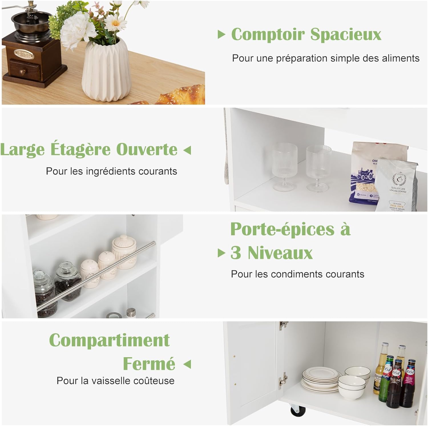 GIANTEX Desserte de Cuisine à roulettes, Chariot de Rangement avec Compartiment Ouvert pour Micro-Ondes, Tiroir, Placard avec 2 Portes, Porte-Épices à 3 Niveaux, Blanc IV5272882