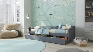 Stauraum-/Funktionsbett Dan 90 x 200 cm Kiefer massiv grau lackiert