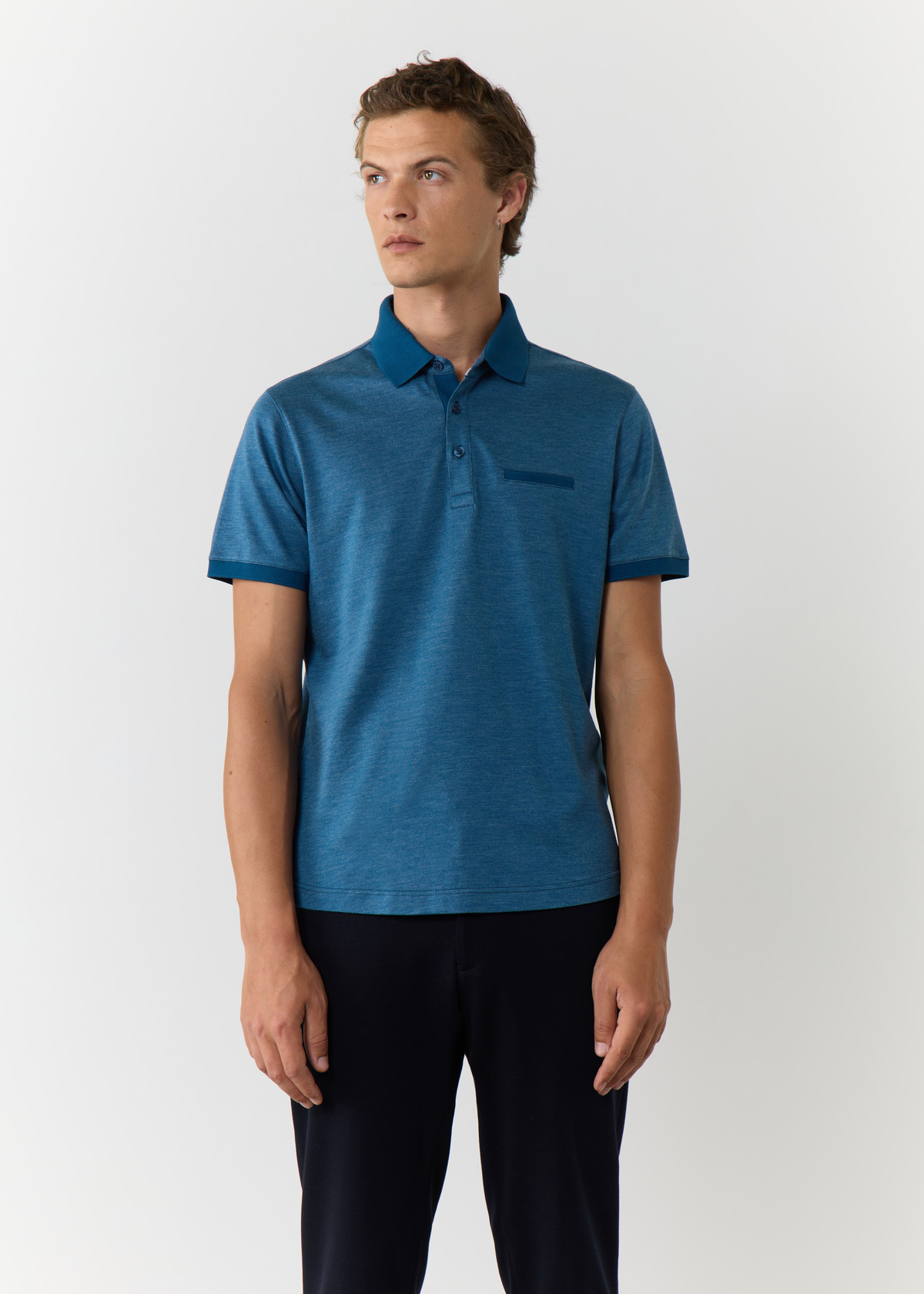 Polo manches courtes Slim en coton mélangé uni bleu paon