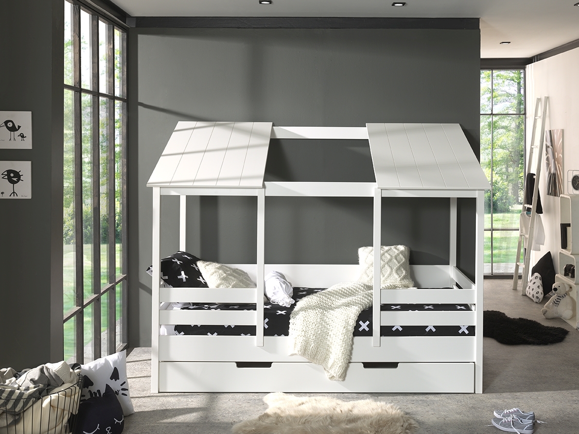 Hausbett - weiß - Bettschublade - offenes Dach - 90x200 cm