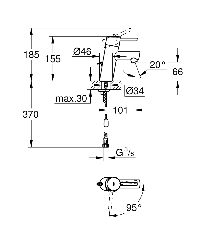 Grohe Concetto 1-gats wastafelkraan met ketting chroom