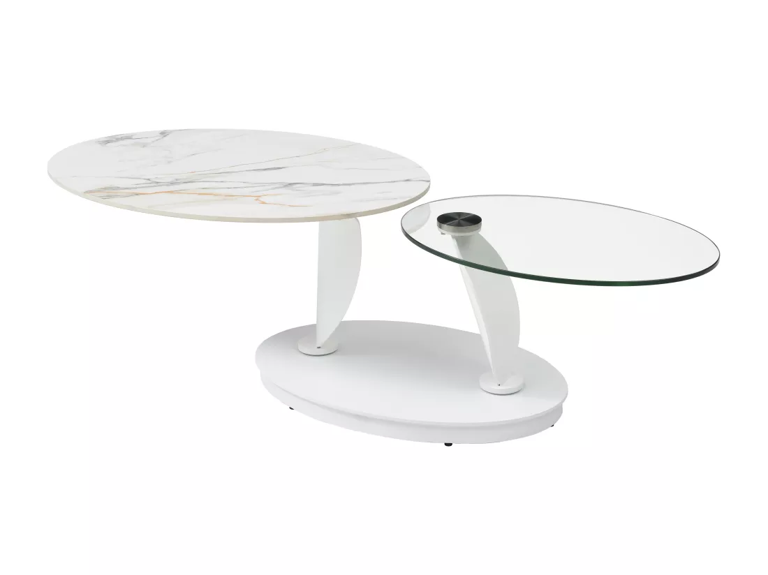 Table basse avec plateaux pivotants en céramique, verre trempé et métal - Effet marbre blanc - MANEYA de Maison Céphy