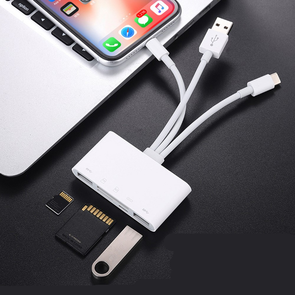 (10cm) Lightning / USB A / USB C auf SD / Micro SD Kartenlesegerät / Dual USB A / Lightning Lade Adapter für Apple iPhone / iPad / MacBook - Weiss