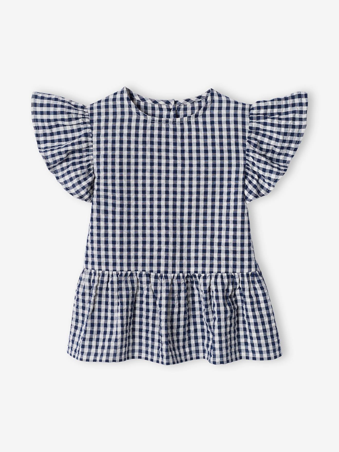 Blusa xadrez vichy com babados para meninas, azul marinho.