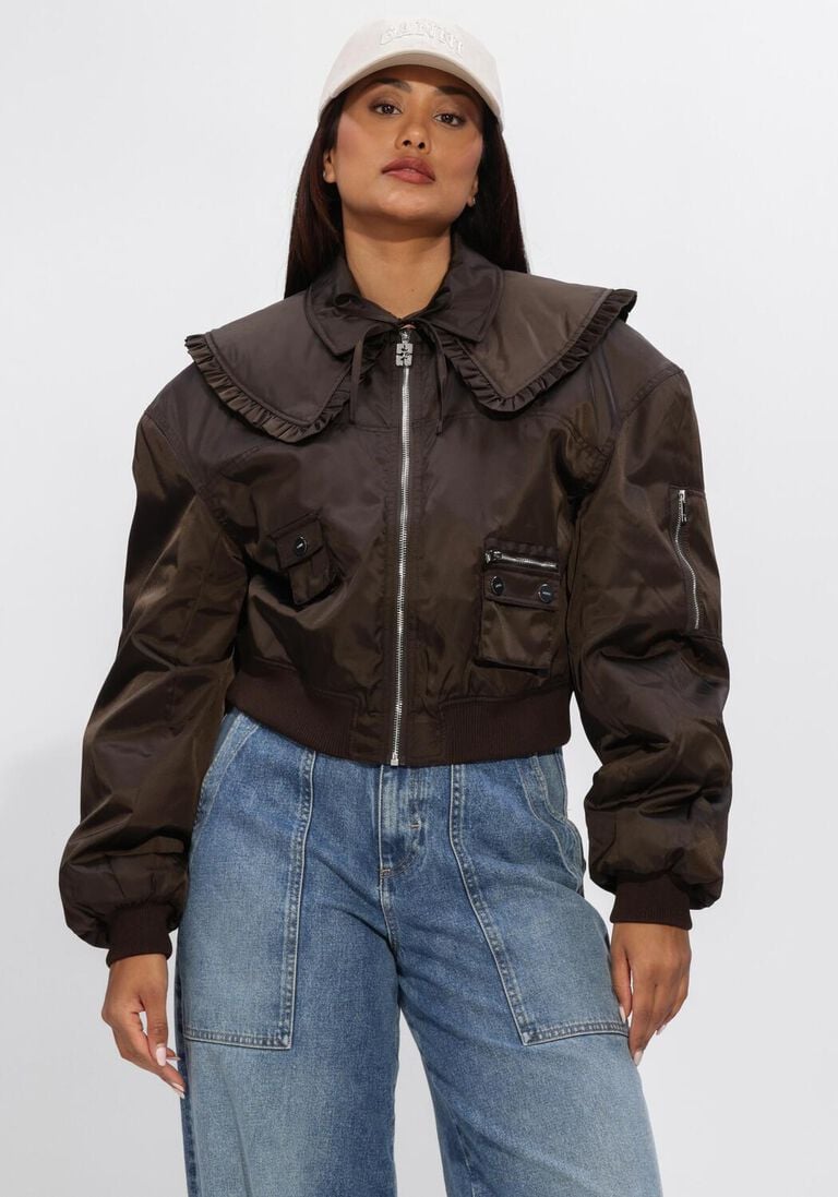 bruine ganni jassen duchesss nylon bomber jacket