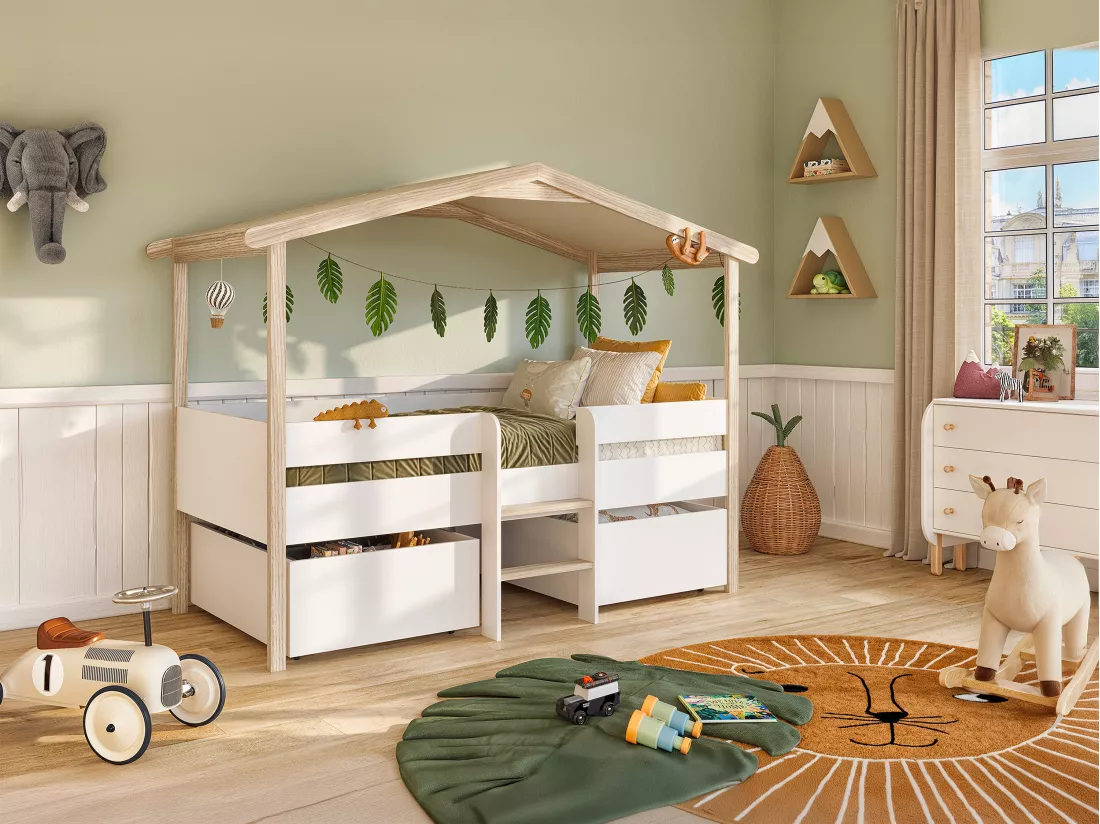Lit cabane SAROSI avec tiroirs - 90 x 190 cm - Tilleul - Blanc et chêne + matelas