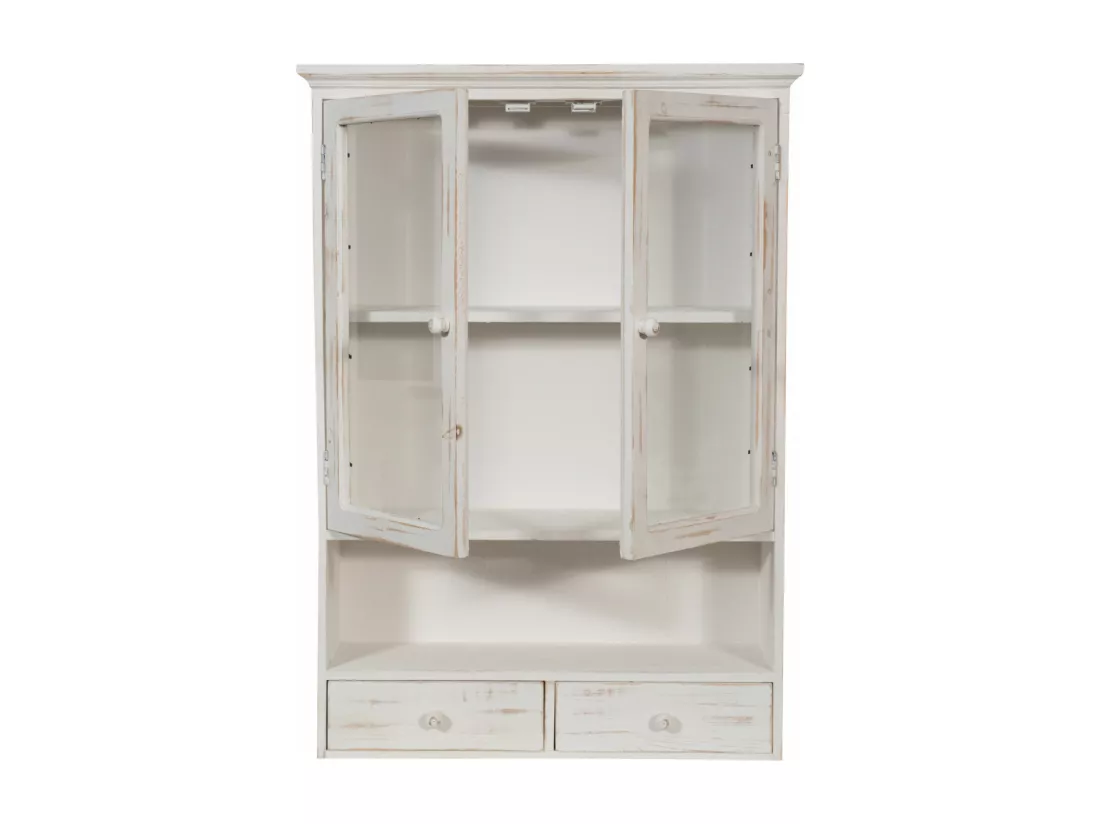 Caisson de cuisine 56x79x16 cm - 2 Tiroirs - 2 Portes Vitrées - Blanc Antique - SHABBY CHARME - 1 meuble haut - Vitrine murale pour salle de bain et salon