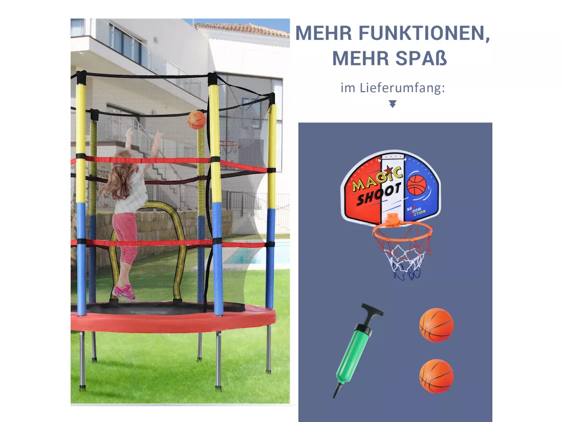 Ensemble de trampoline rond pour enfants - 140 x 140 x 164 - en materé acier - avec panier de basket - rouge