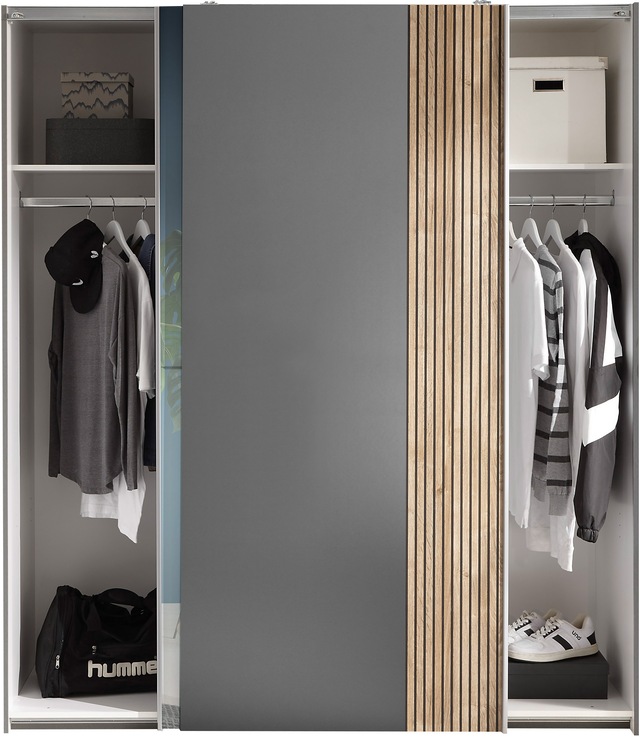 Schlafkontor Schwebetürenschrank »Berno Kleiderschrank mit Schiebetüren und Spiegelfront« Rillenoptik & Graphitabsetzung
