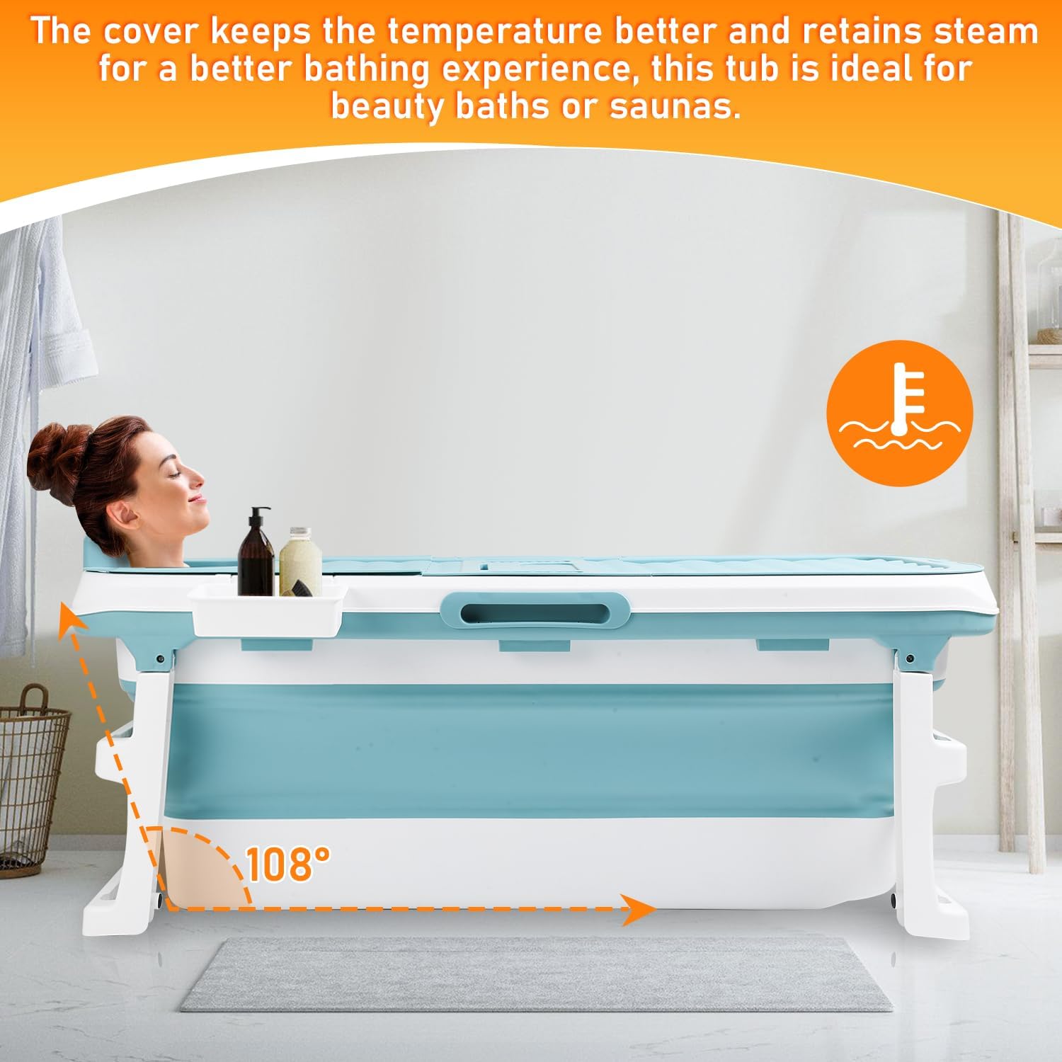 Ikodm Faltbare Badewanne Erwachsene - XL 132x60x50cm, Klappbare mobile Badewanne mit Abdeckung, Massagerollen & Korb, Klappbadewanne für Badezimmer, Dusche und Balkon (Blau)