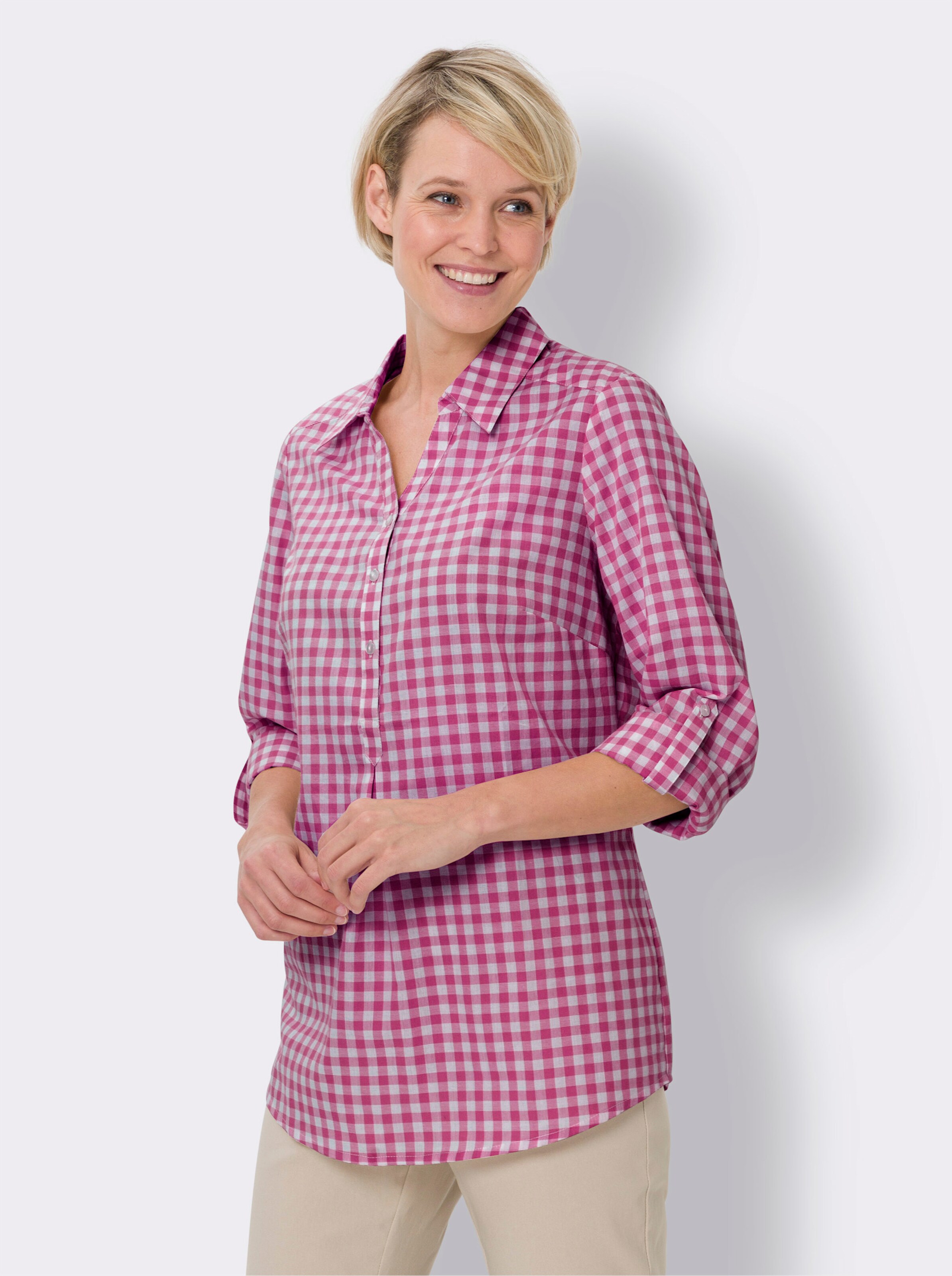 Longbluse mit garngefärbtem Karo-Muster