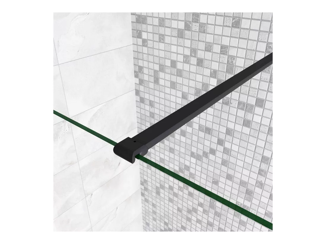 Paroi de douche à l'italienne avec retour pivotant 140+40x200cm avec barre de fixation 90cm recoupable - Noir Mat - 8mm verre anticalcaire