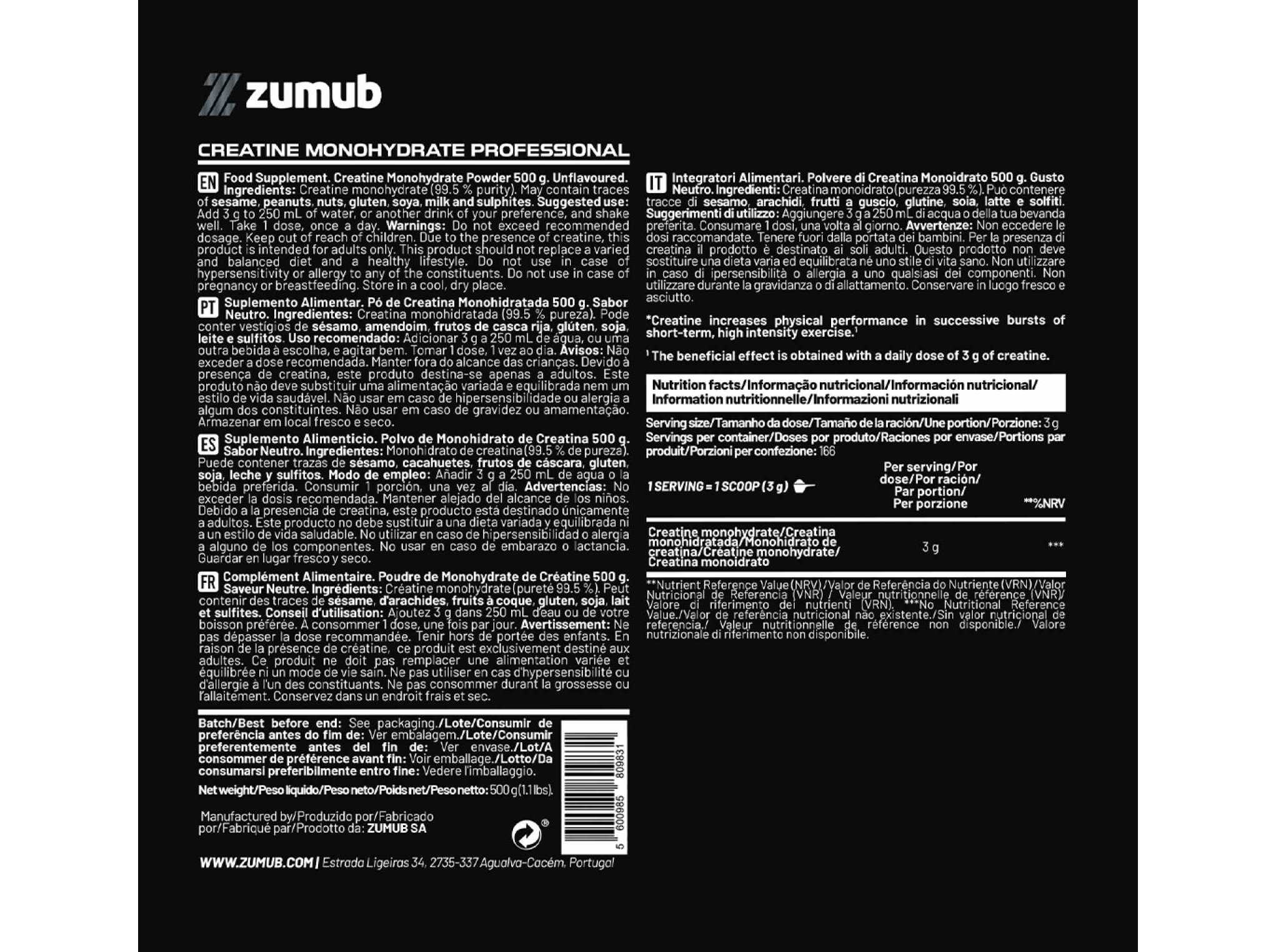SUPLEMENTO CREATINA ZUMUB MONOHIDRATADA 500G