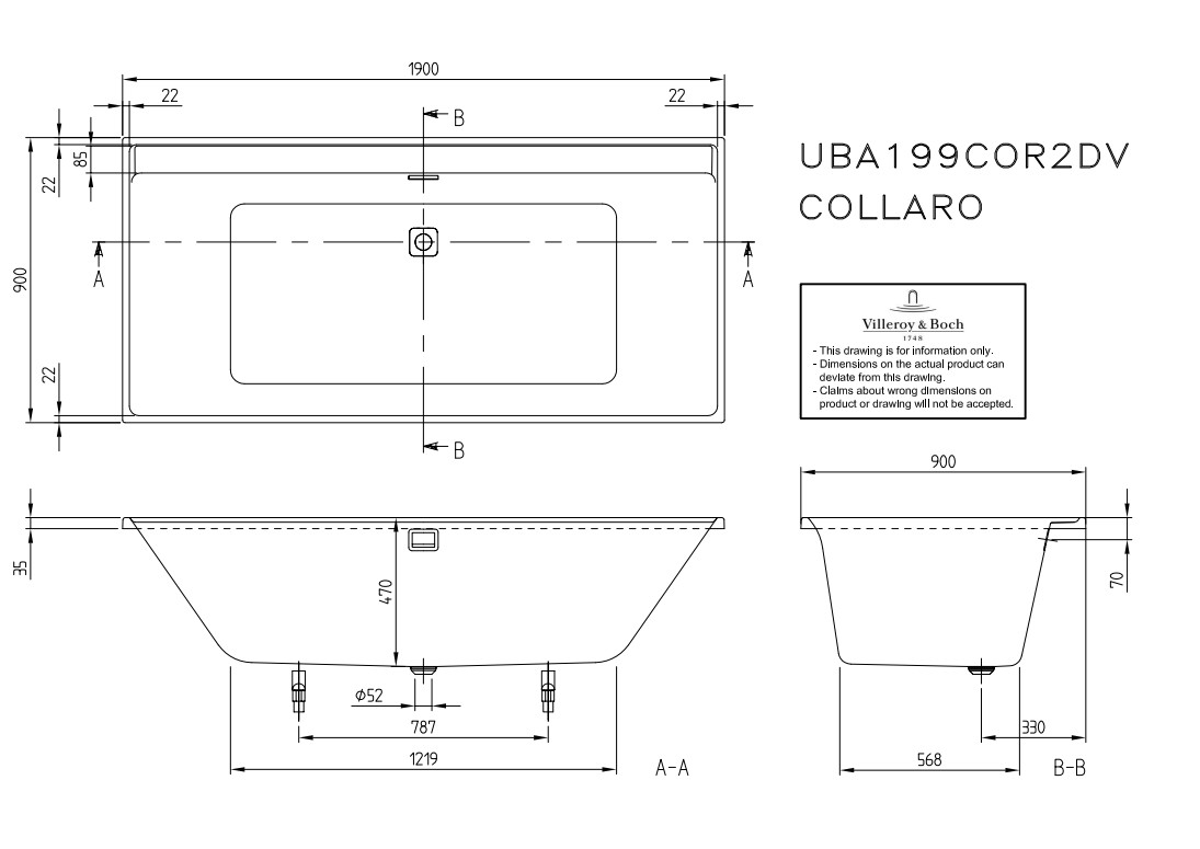 Villeroy & Boch Collaro inbouw ligbad 190x90cm wit mat met zwarte afvoerplug