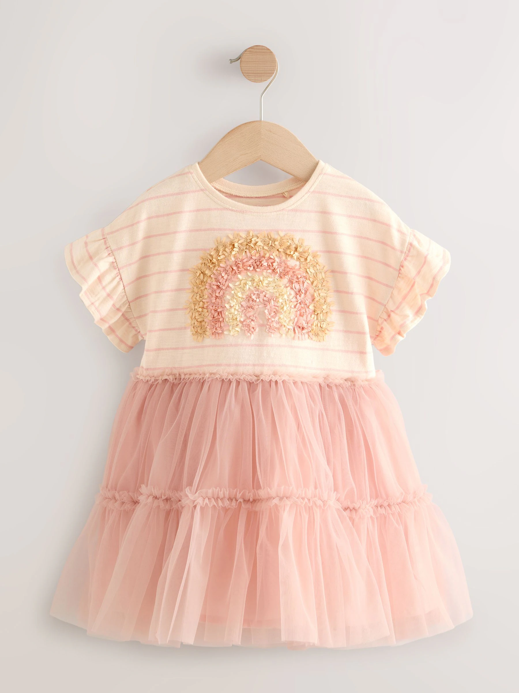 Roze met regenboogprint - Feestjurk met korte mouwen van gaas (3mnd-7jr)