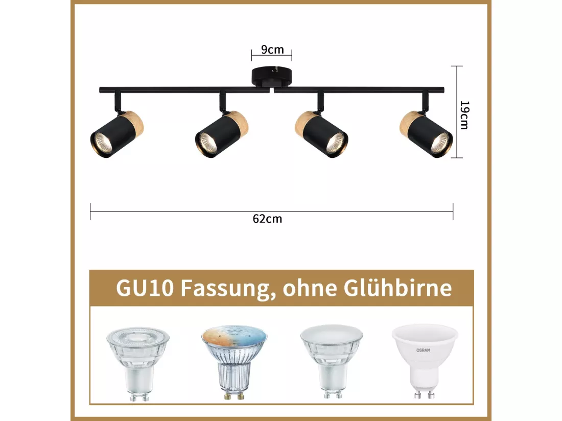 NETTLIFE Plafonnier 4 spots bois GU10 noir orientable 330° pour salon chambre cuisine chambre d'enfant sans ampoule