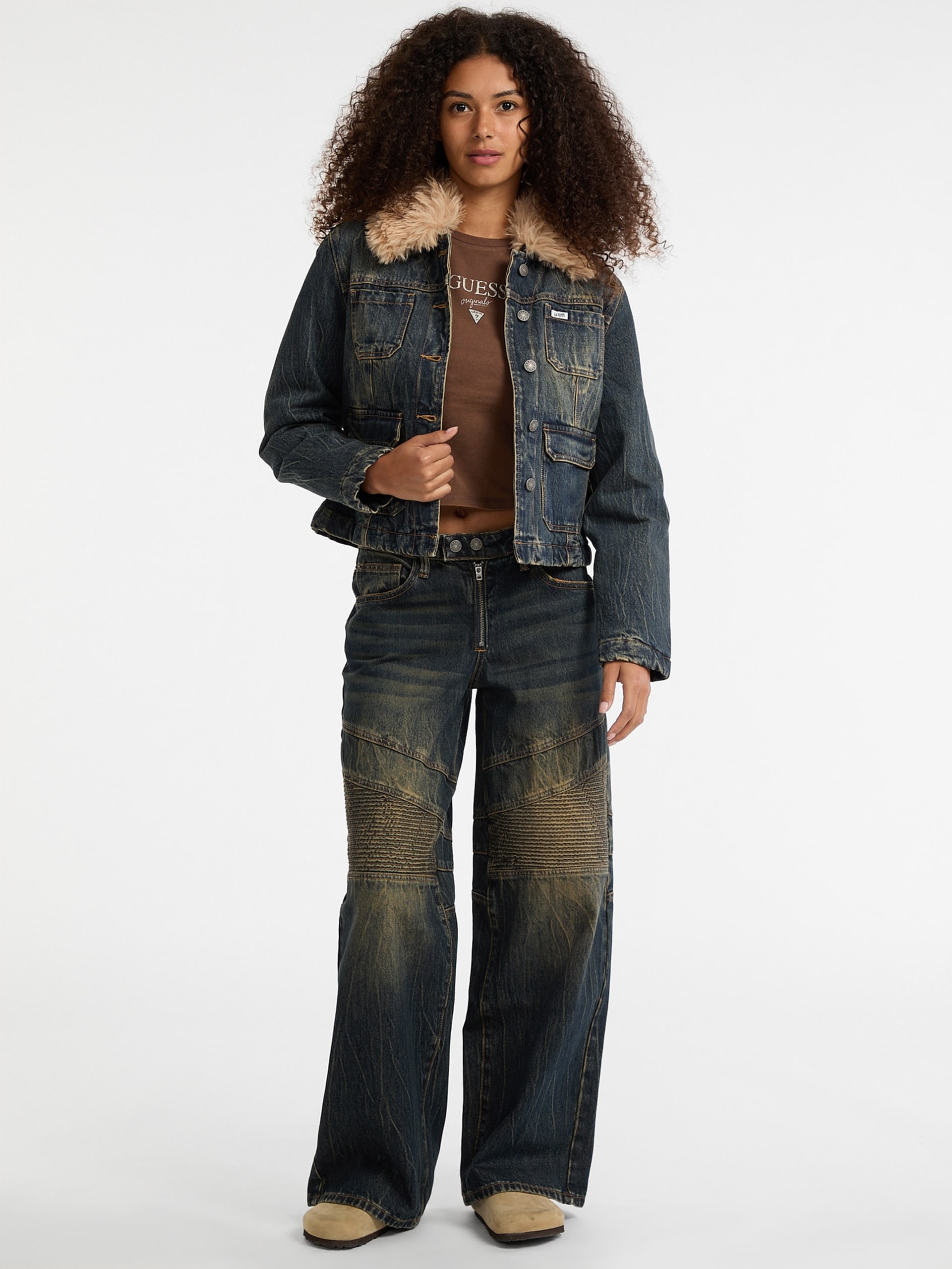Jaqueta Aviador de Jeans com Pele Sintética GUESS Originals
