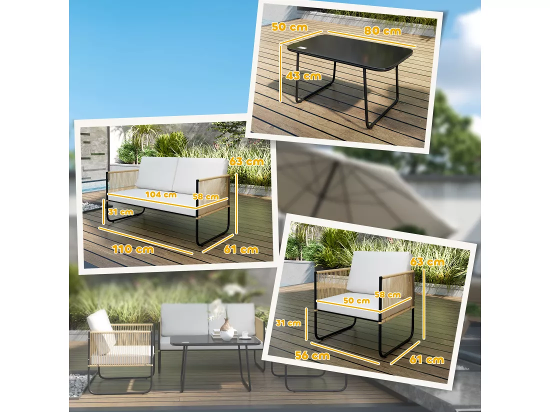 Salon de jardin 4 personnes 4 pièces style colonial acier noir résine filaire naturel