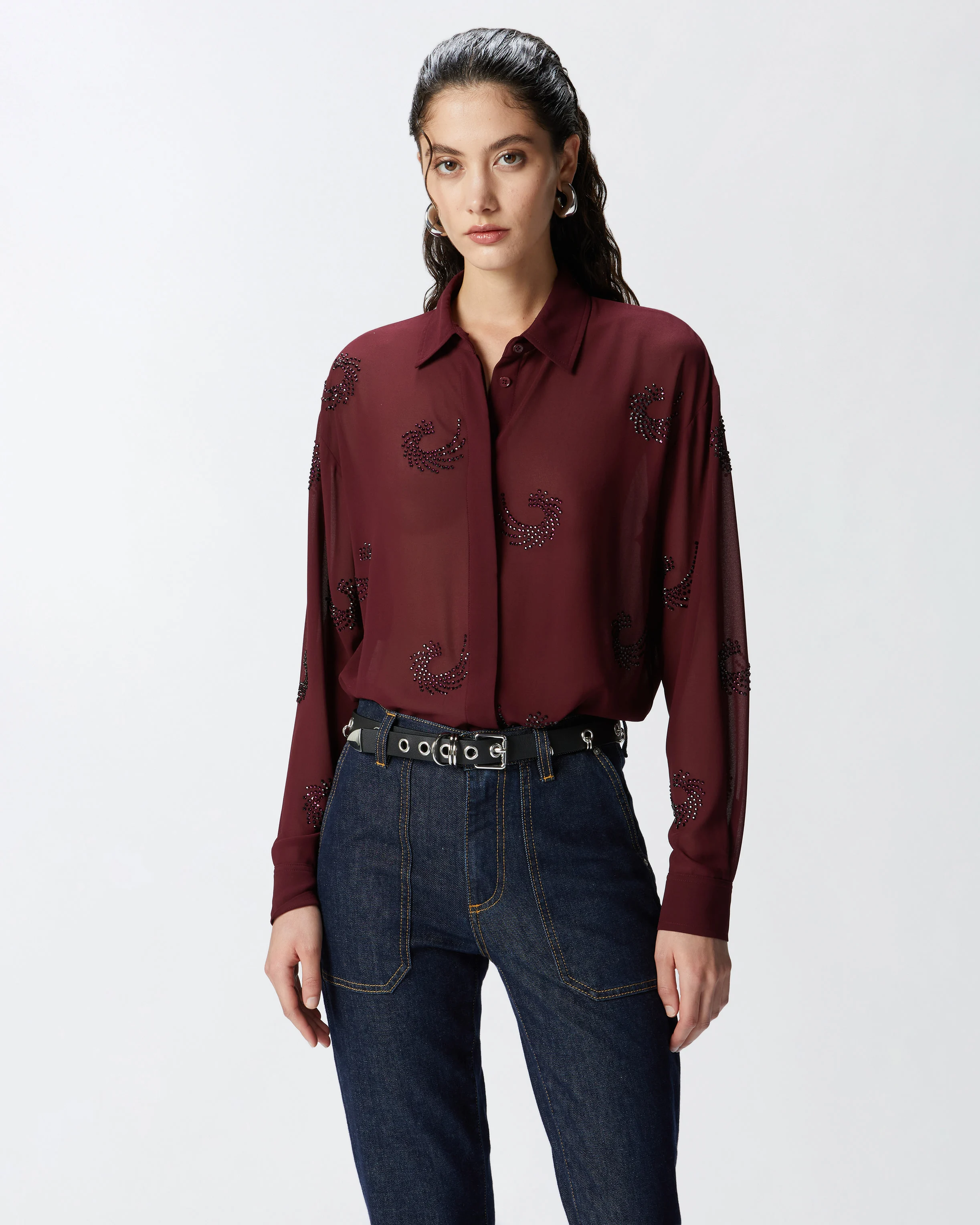 Chemise semi-transparente avec tourbillons de strass | Violet