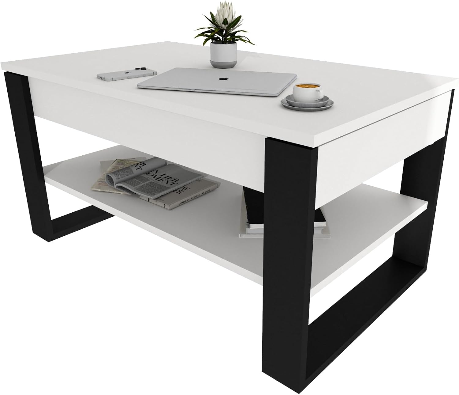 Couchtisch mit anhebbarer Platte | Höhenverstellbarer Wohnzimmertisch mit Stauraum | Sofatisch Weiß Schwarz modern mit Ablage & verstecktem Fach – Coffee Table für Wohnzimmer & Büro
