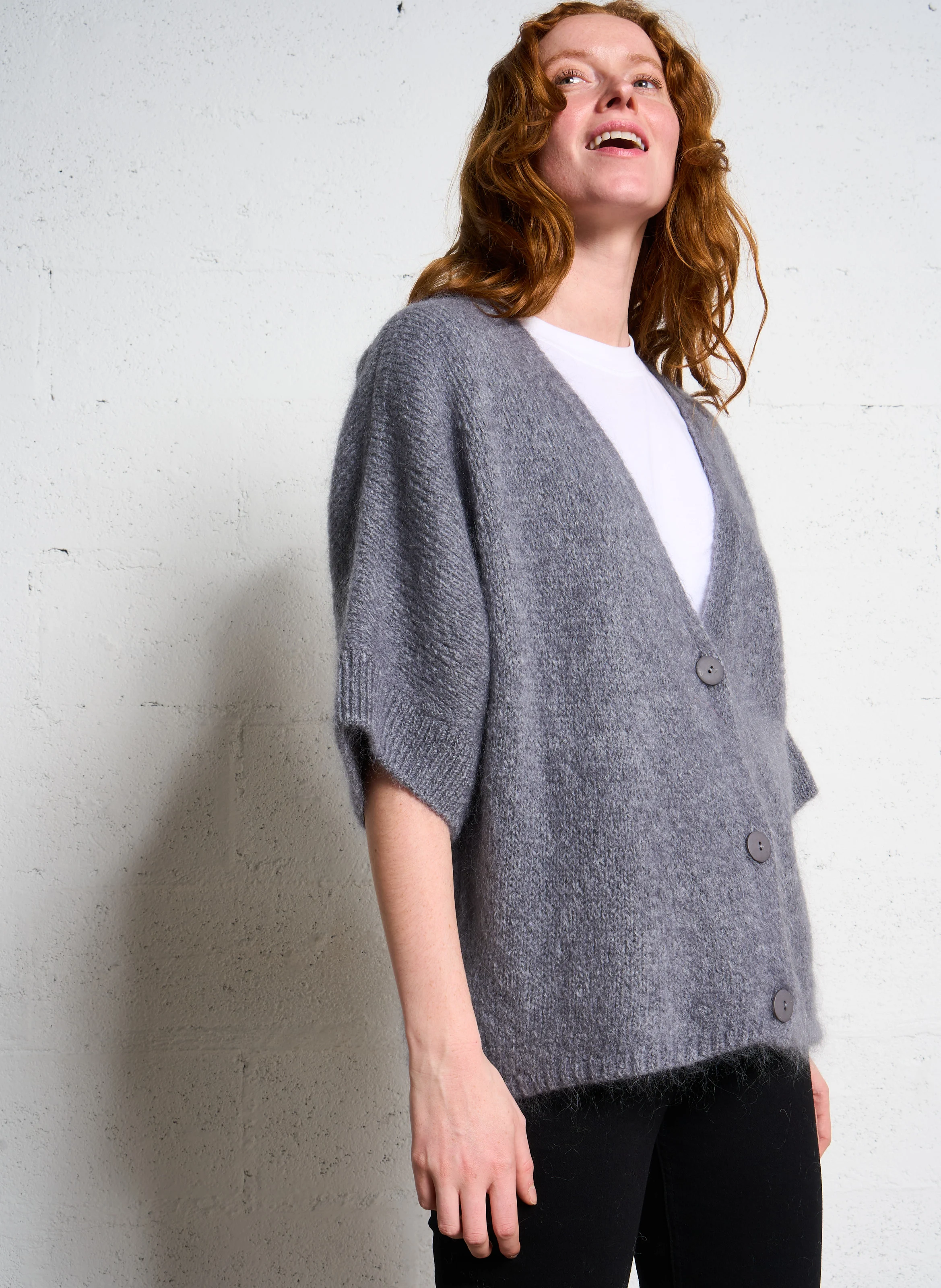 Gilet à col V ample en maille mélangée | Gris