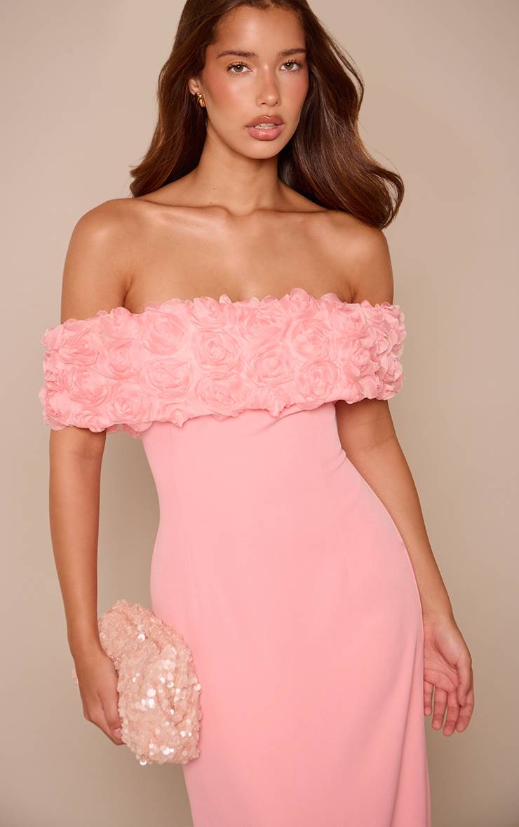 Rose Clair Robe Maxi Sirène Bardot À Motifs Floraux