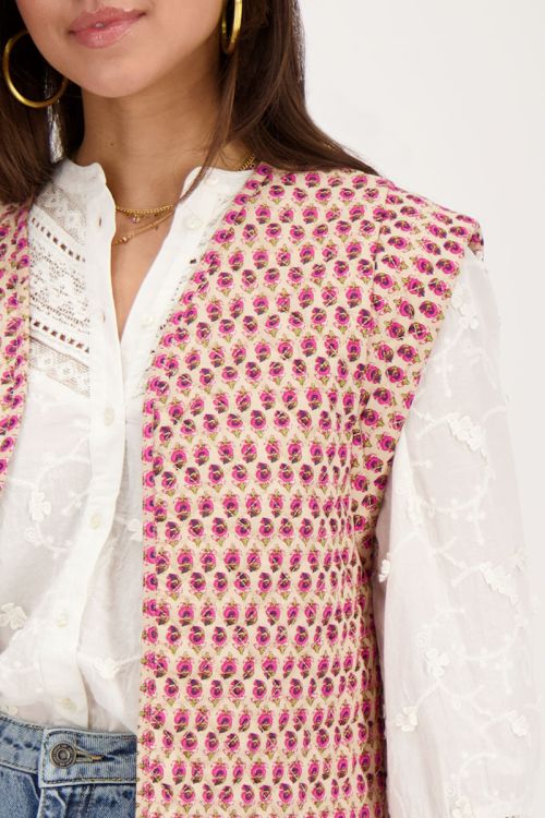 Beige gilet met roze en groene bloemenprint