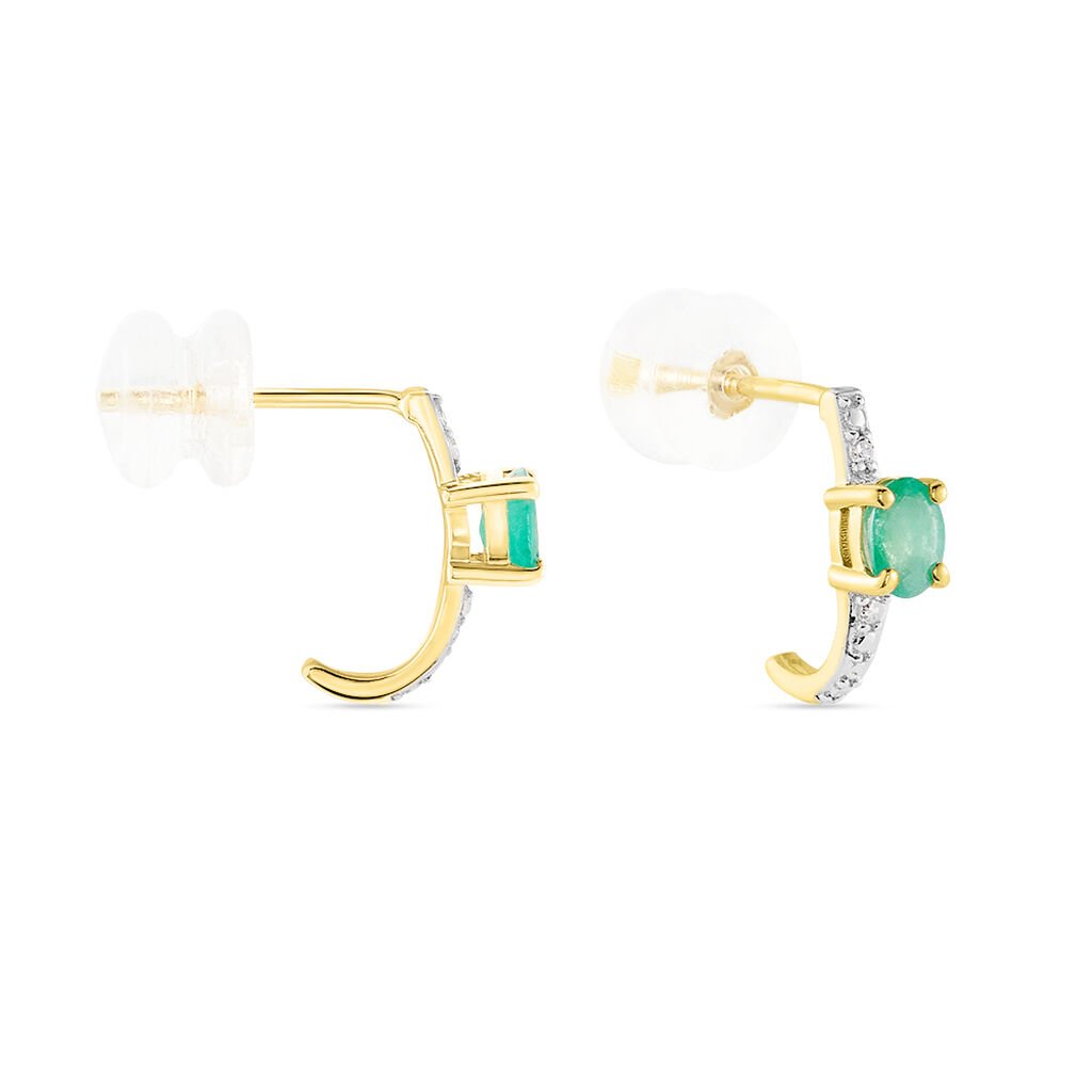 Boucles D'oreilles Puces Barrett Or Jaune Emeraude Diamant