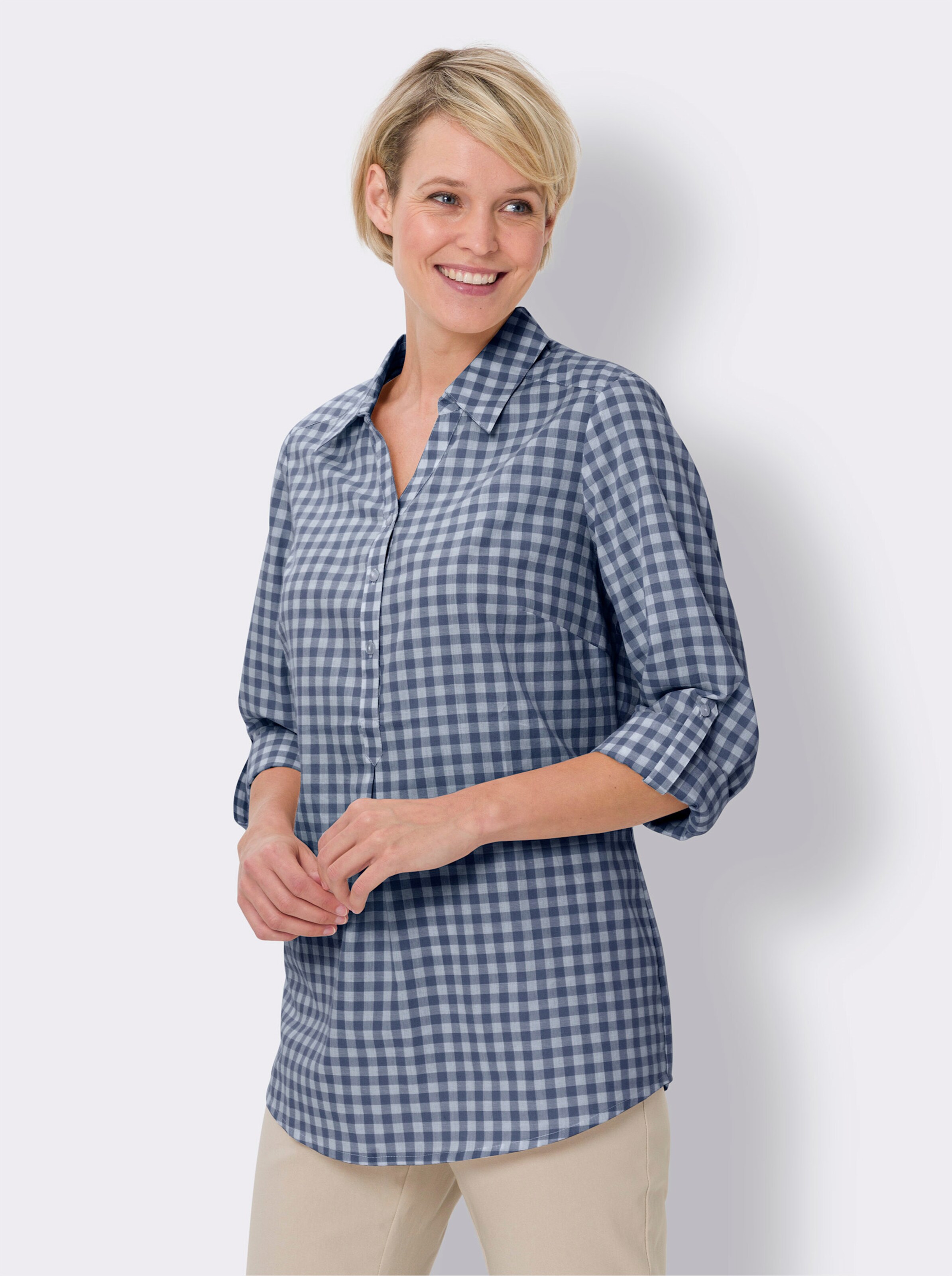Longbluse mit garngefärbtem Karo-Muster