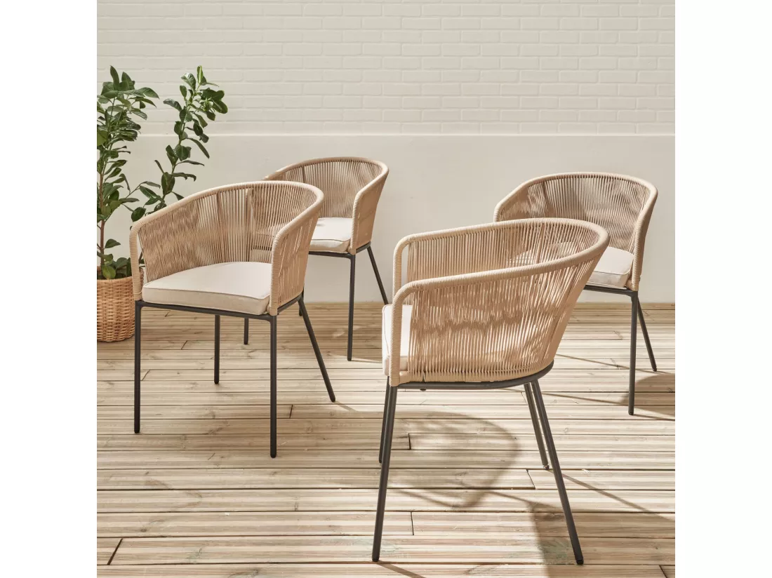 Lot de 4 fauteuils de jardin en corde beige et acier galvanisé. coussin beige