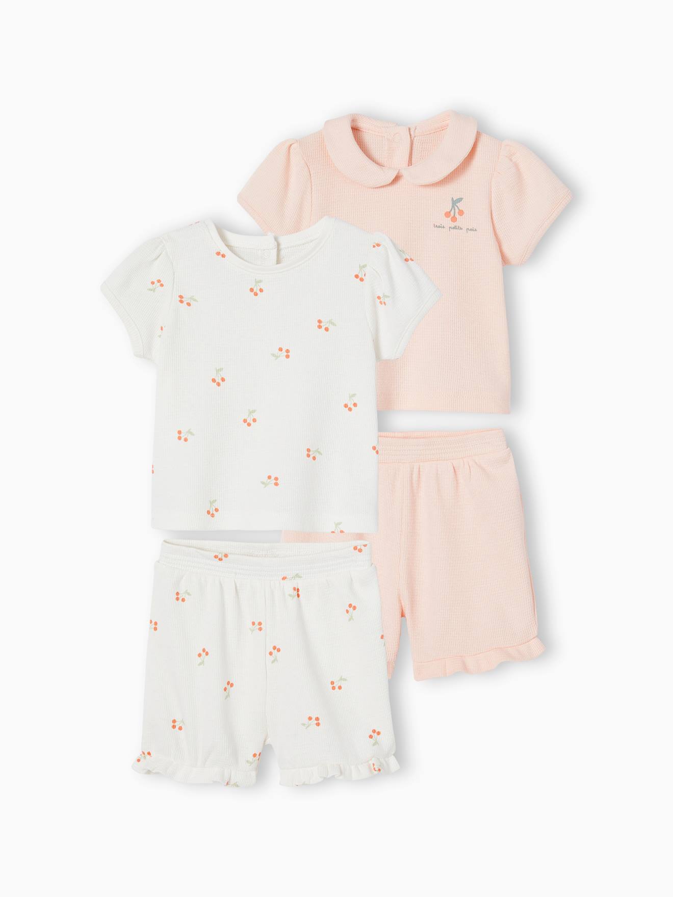 Conjunto de 2 pijamas de bebê em tricô favo de mel, rosa claro