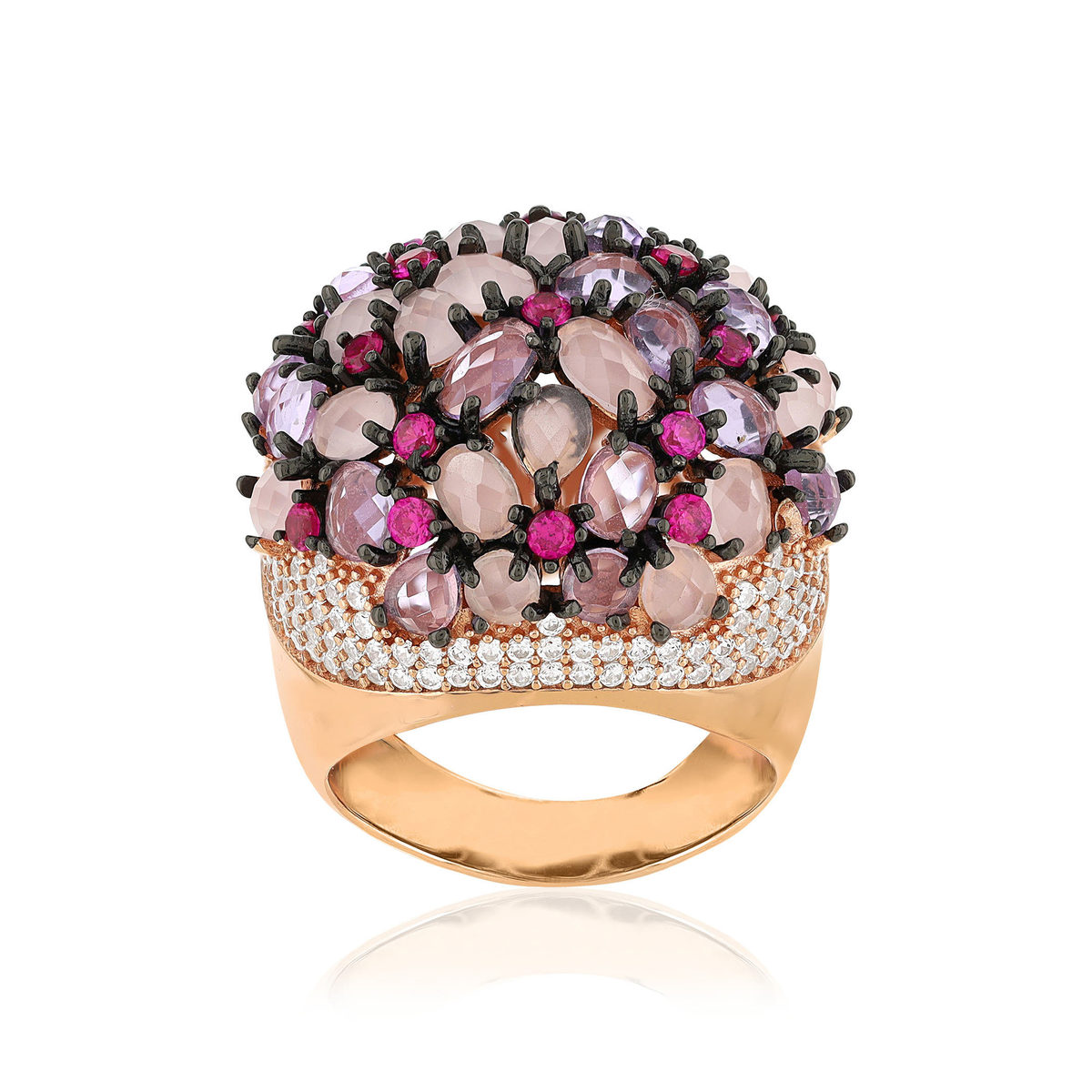 Bague argent 925 rose et ruthénium noir zirconias multicolores