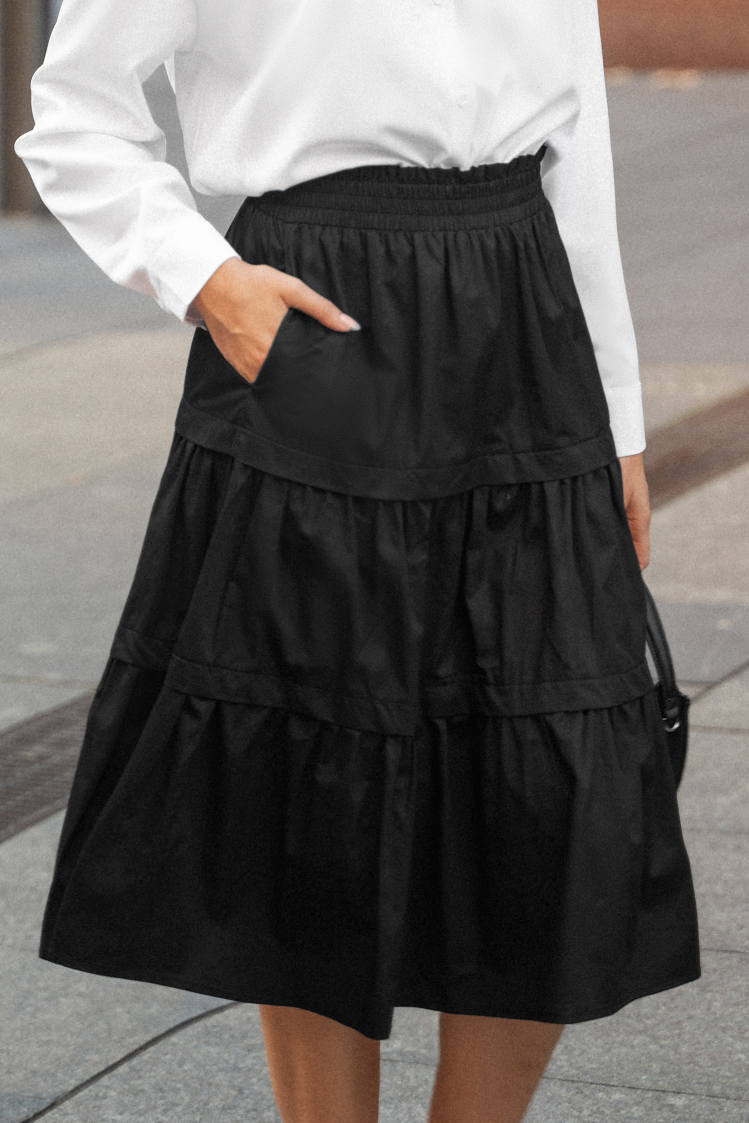 Jupe midi en pur coton évasée à taille élastique noire