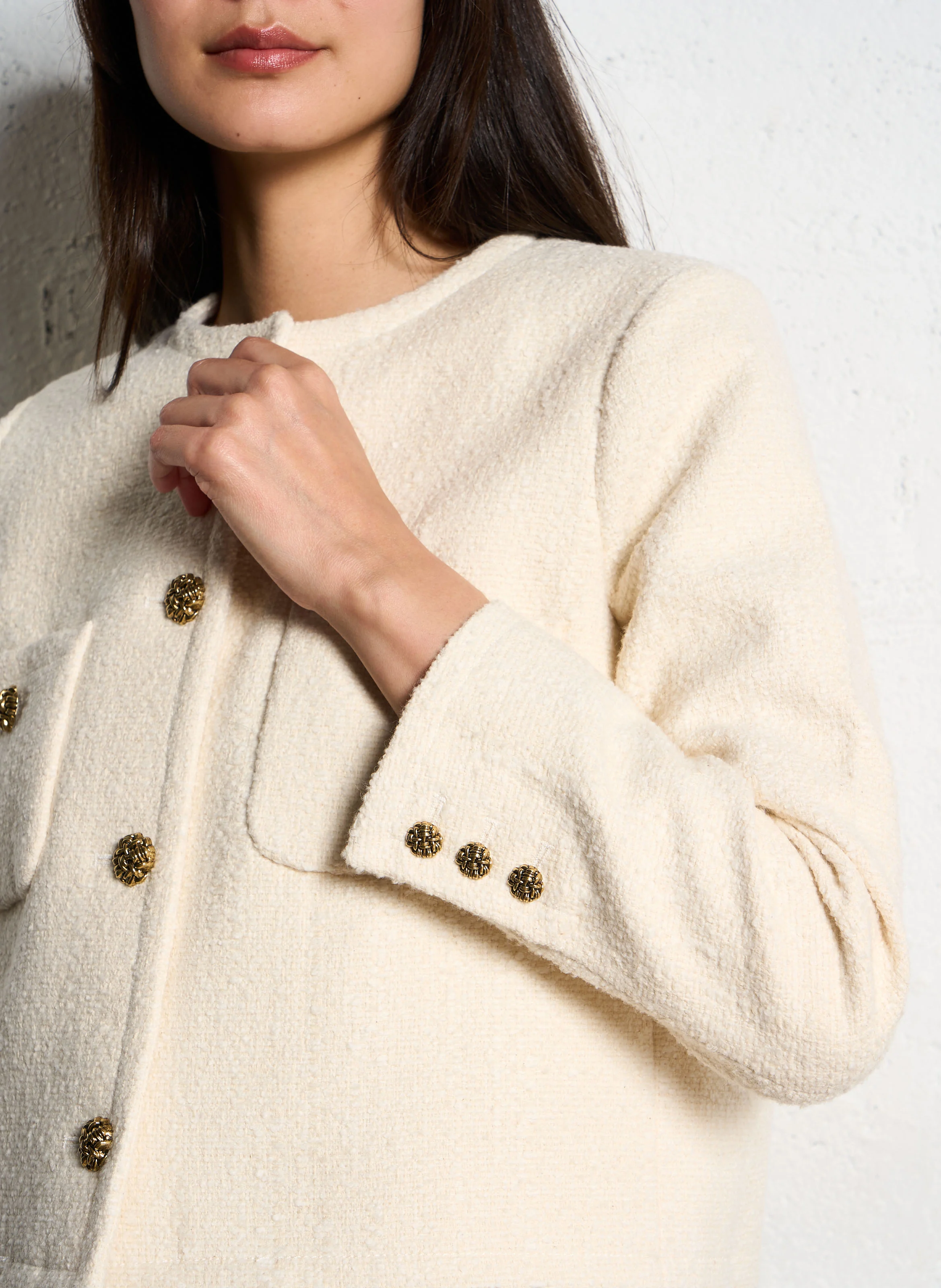 MEREDITH - Veste col rond jacquard en coton mélangé| Beige
