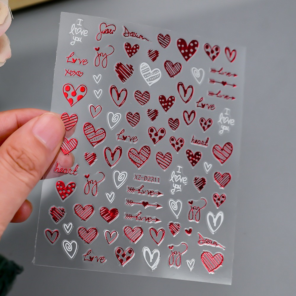 (808-tlg. Set) Nagel Sticker Nail Art Tattoo Selbstklebende Aufkleber Valentinstag - Rot / Weiss