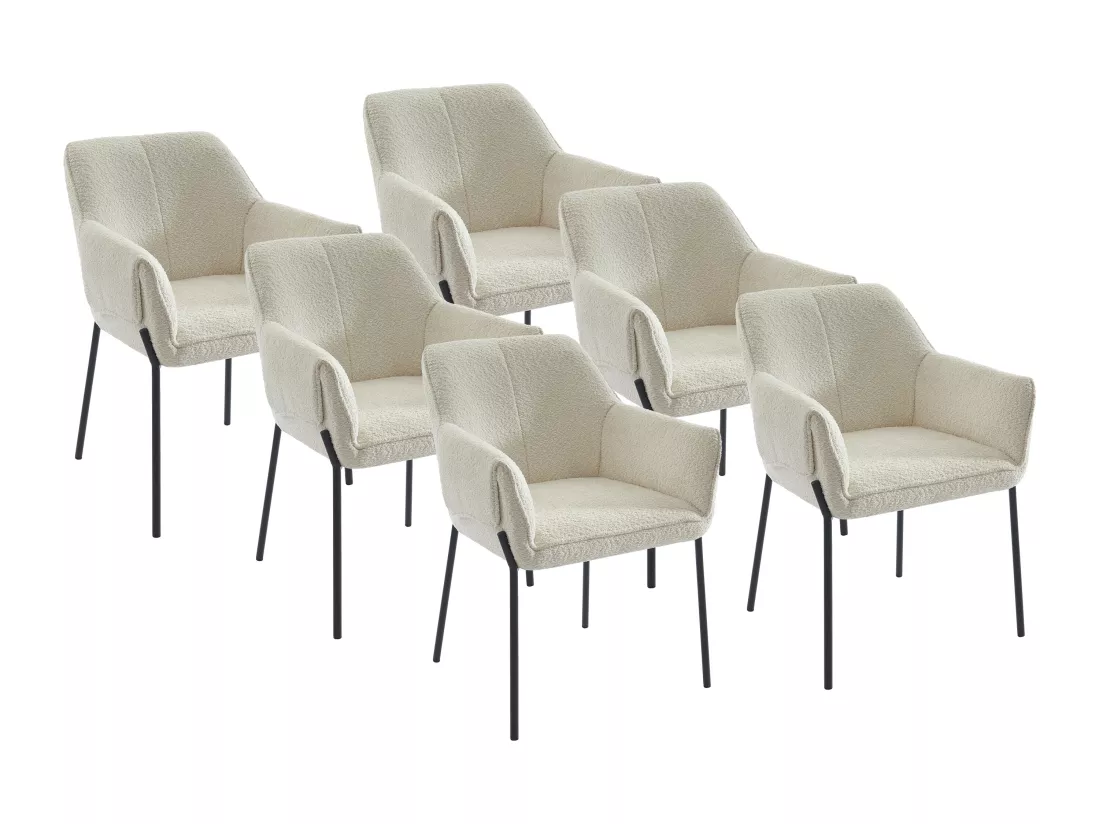 Lot de 6 chaises avec accoudoirs en tissu bouclette et métal noir - Crème - AKETI de Pascal Morabito
