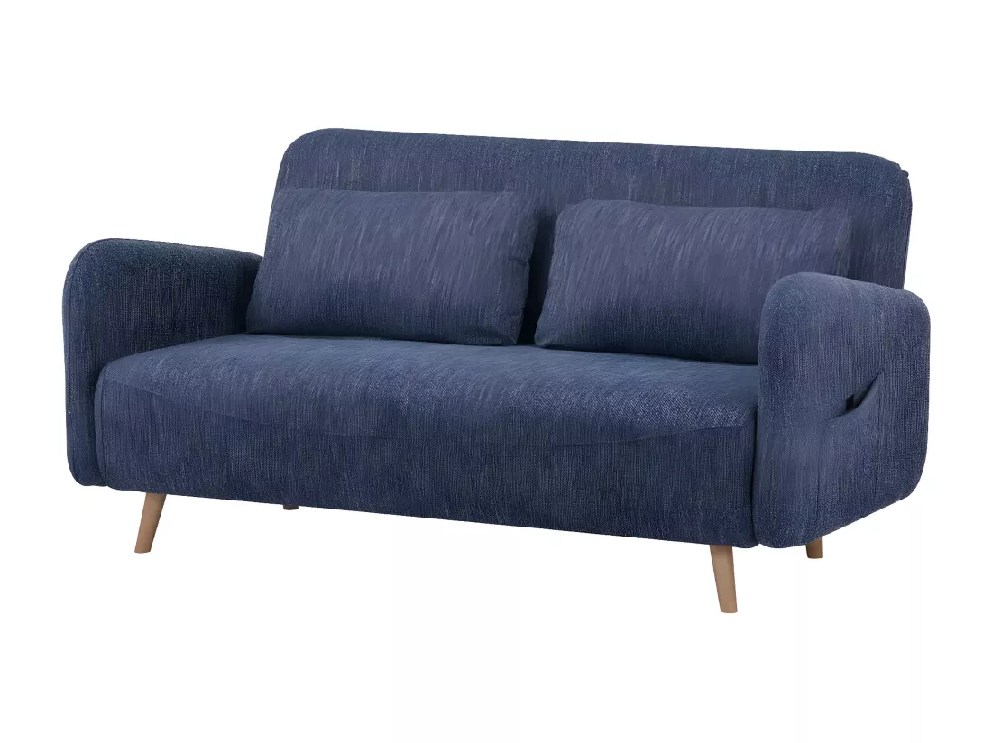 Canapé-lit BZ 2 places pour couchage d’appoint taille 145 x 190 cm en tissu bleu et pieds en bois massif - ARI