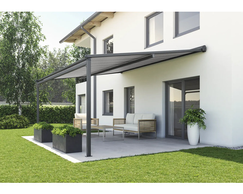 SOLUNA Pergola met stoffen dak 4x3, stoffen dessin A131, frame RAL 7016 antracietgrijs, aandrijving links inclusief motor, wandschakelaar (wandmontage)