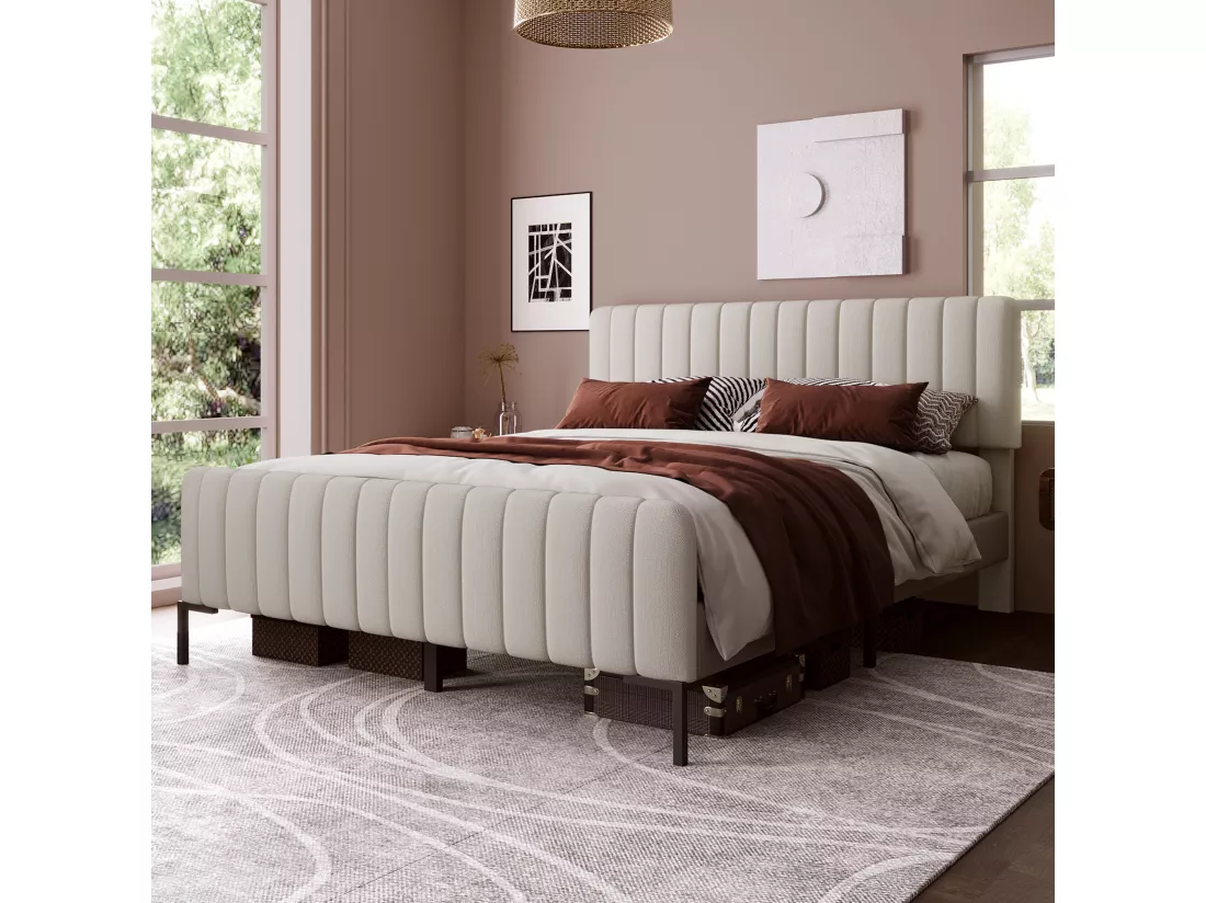 Lit adulte rembourré en tissu lin - 140x200 cm - avec tête de lit réglable et sommier à lattes - Gris clair