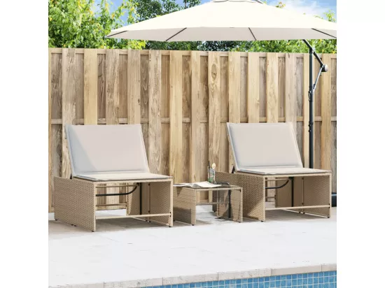 Chaises longues lot de 2 avec table beige résine tressée