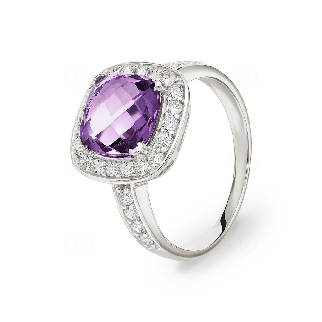 Damenring 750/18 K Weissgold mit Amethyst Kissen und Zirkonia