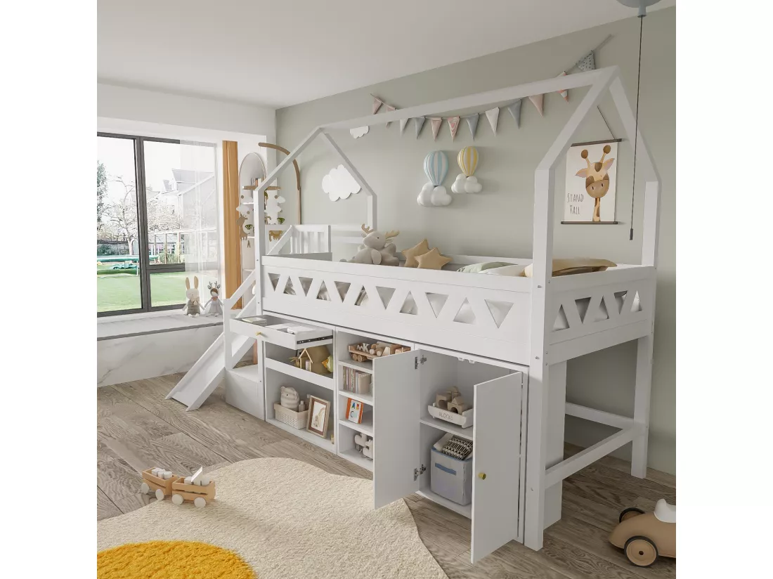 Lit cabane 90x200cm - tiroir 6 niches et casier - avec toboggan et escaliers de porte magnétique - bois massif - Blanc