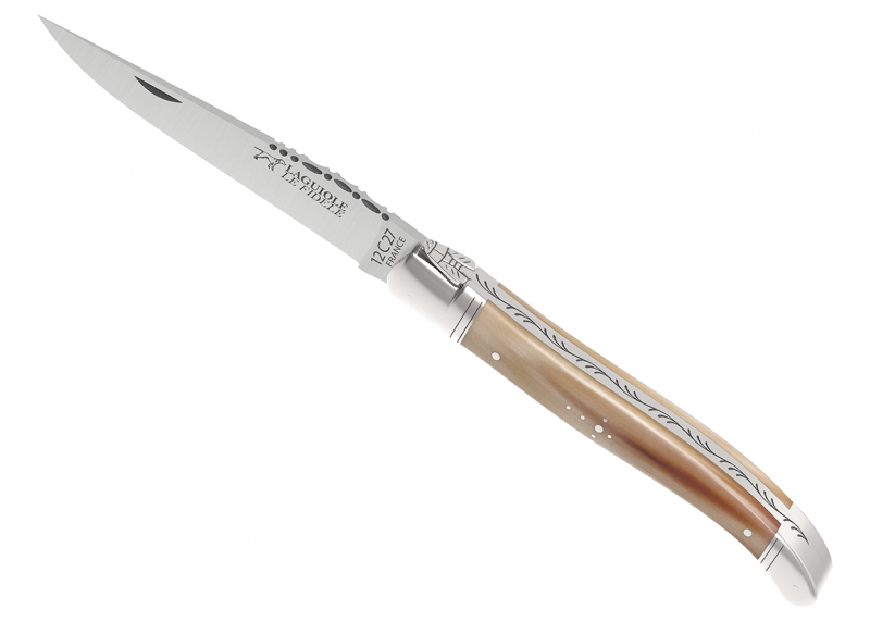 Couteau Laguiole avec un manche en pointe de corne blonde et 2 mitres en acier inoxydable